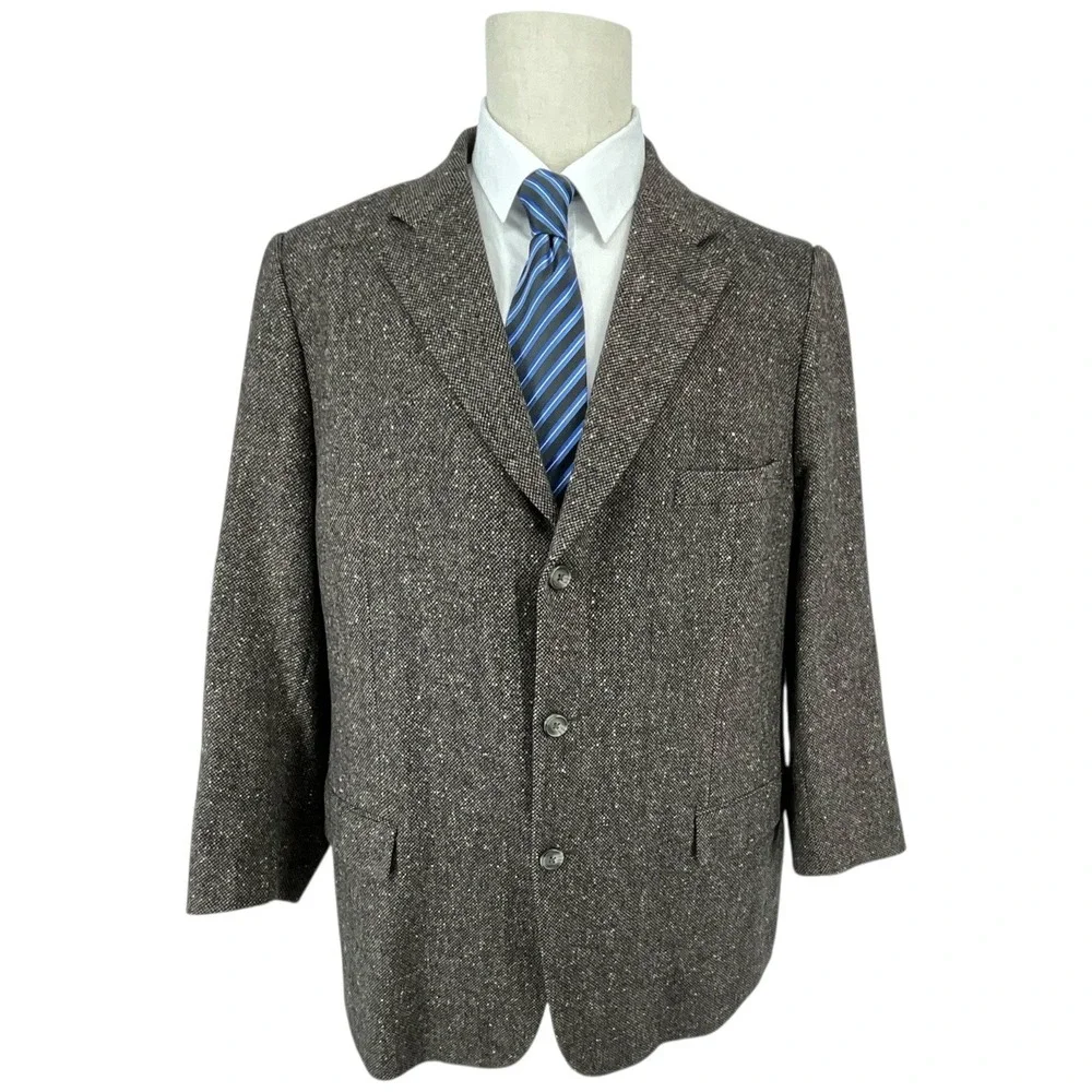 CESARANI Mens 46R Tweed Blazer Jacket Brown Wool Blend Classic Business Casual‎